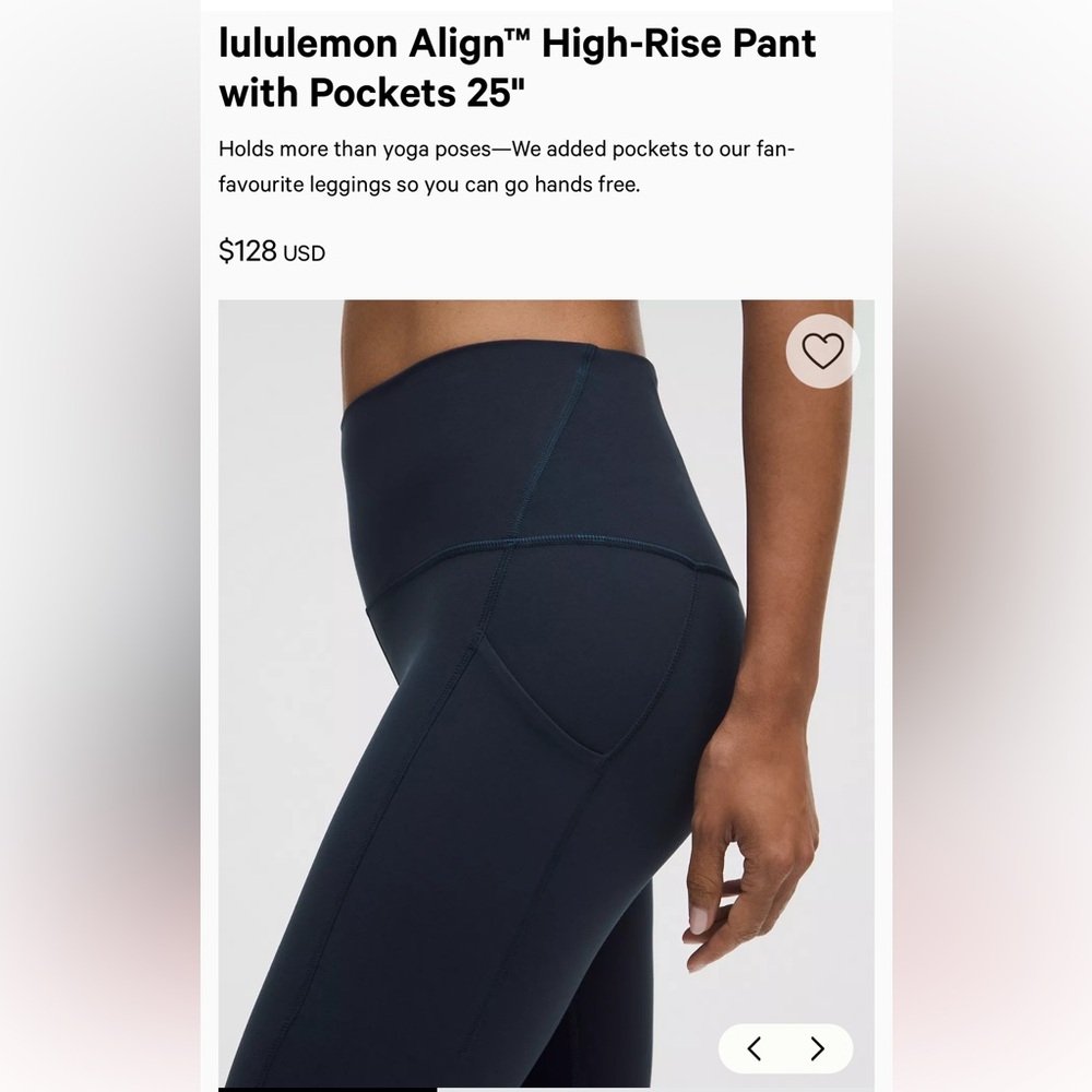 Lululemon Align Navy Blue High-Rise Leggings with Pockets 25”, size 14